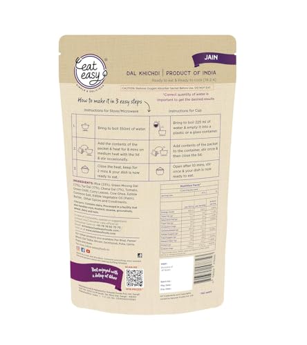 Image of Eat Easy Ready To Eat Jain Dal Khichdi, 92gm (Pack of 6) | Light on Stomach High Protein & Fiber, Freeze Dehydrated Healthy Instant Food for Travel, Office | No Preservatives | No Onion, No Garlic | Just Add Water and Cook