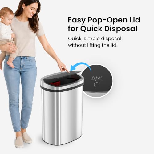 Image of 13 Gallon PRESS-OPEN Diaper Pail - 135 Diaper Capacity Stainless Steel Baby Trash Can with AbsorbX Odor Filter, Extra-Wide Opening, No Refills Needed, for Nursery Diaper & Adult Incontinence Underwear