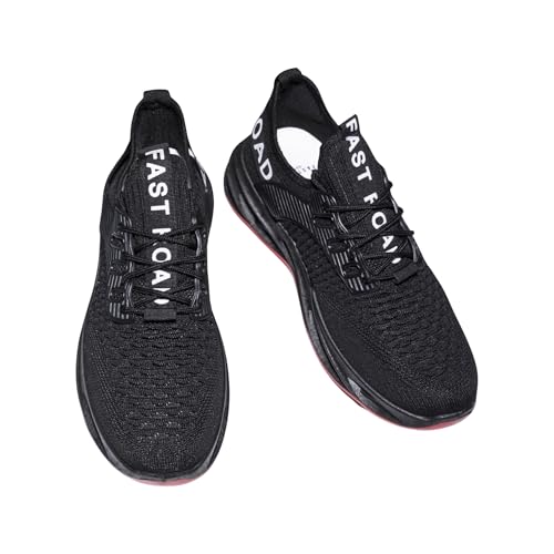 Fast Road Ablaze Runners - Black & Red Athletic Sneakers, Breathable Mesh, PVC Anti-Slip Soles, Cushioned Comfort, Secure Fit for Runners & Gym Enthusiasts US 6.5-12