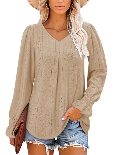 KISSMODA Long Sleeve Fall Shirts For Women V Neck Tunic Tops Embroidered Button Down Knitted Blouses 2025
