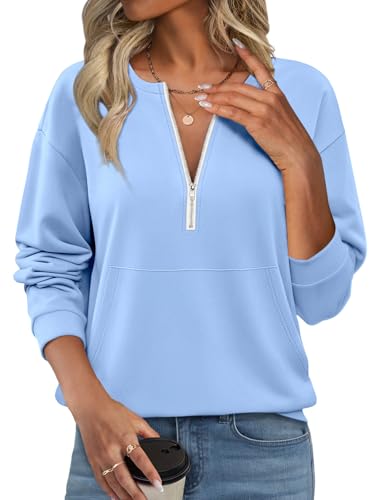TICTICMISS Womens Fleece Sweatshirts with Pockets Half Zip Pullover Tops Quarter Zipper Hoodies Fall Winter Clothing Light Blue