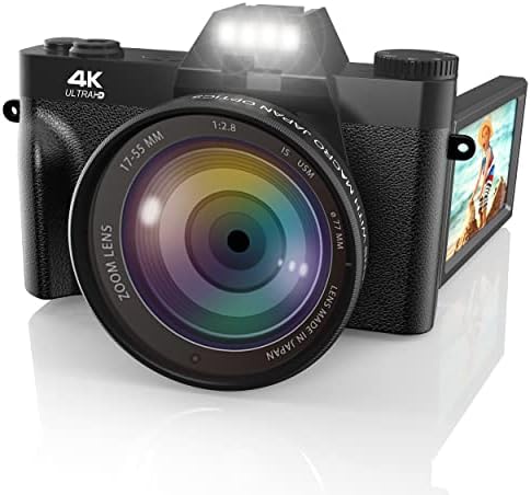 Vlogging Camera, 4K Digital Camera for YouTube with WiFi, 16X Digital Zoom, 180 Degree Flip Screen, Wide Angle Lens, Macro Lens, 2 Batteries and 32GB TF Card TopA.3