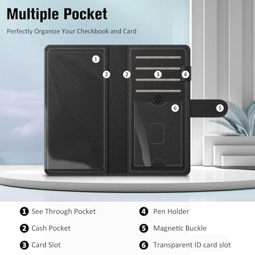 Image of FINTIE Checkbook Cover for Personal Checkbook, RFID Blocking Big Capacity Standard Register Duplicate Checks with Pen Holder, Cards Slots (Black)