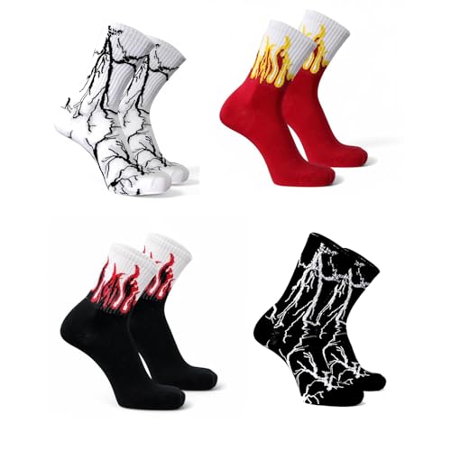 Image of BEAR & BEYOND Flame & Lightning Crew Socks for Men & Women | Trendy Street Style Cotton Socks | Breathable Casual Fashion Socks | Soft Stretch Long Crew Socks for, Sports & Sneakers 4 Pair