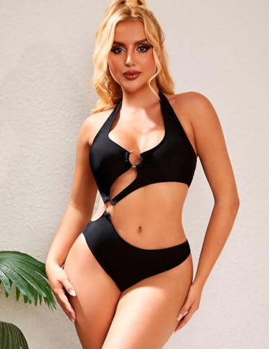 Women One Piece Swimsuit Slimming Cutout Fashoin Swimwear Metal Ring Bathing Suit Female Beachwear2