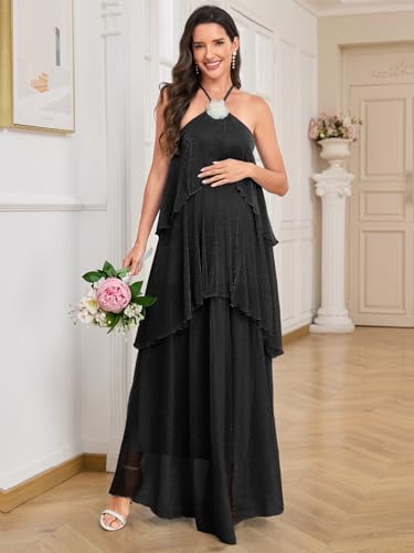 Image of AISWI Maternity Halter Neck Maxi Dress Sparkly Mesh Tiered Ruffle Pregnancy Gown with Flower for Baby Shower Photoshoot