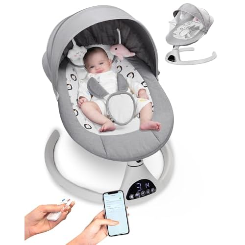 Electric Baby Swing for Infants to Toddler Portable Babies Swing Timing Function 5 Swing Speeds Bluetooth Touch Screen Music Speaker with 10 Preset Lullabies 5-Point Carabiner Gray