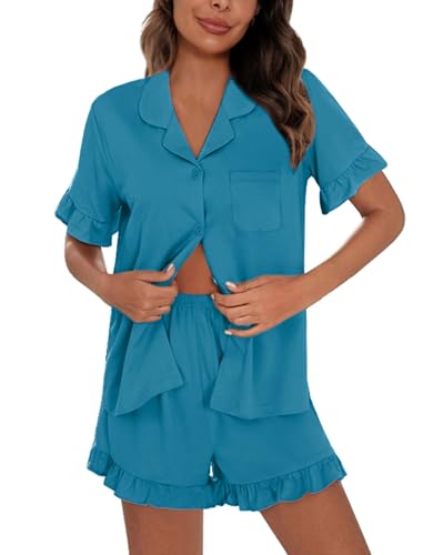 Image of SWOMOG Woman Pajama Set Short Sleeve Pjs Set 2Pcs Short Pajamas Button Down Ruffle Hem Sleepwear Soft Modal Loungewear