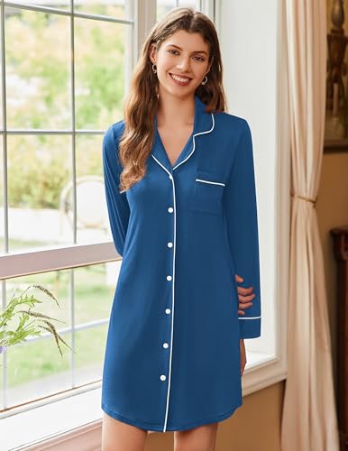 Image of Ekouaer 2 Pack Nightgowns for Women Long Sleeve Night Shirt Button Down Sleep Shirt V-Neck Sleep Dress Pajama Sleepwear