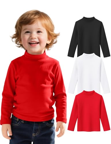 Witwot 3 Pack Toddler Boy Mock Turtleneck Shirts Baby Boys Long Sleeve T-Shirt Soft Cotton Thermal Undershirt Black Red White 3 Years