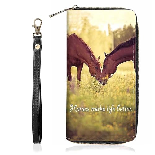 Women's Horses Make Life Better Print PU Leather Zipper Wallet, Large Capacity, Compact, Black