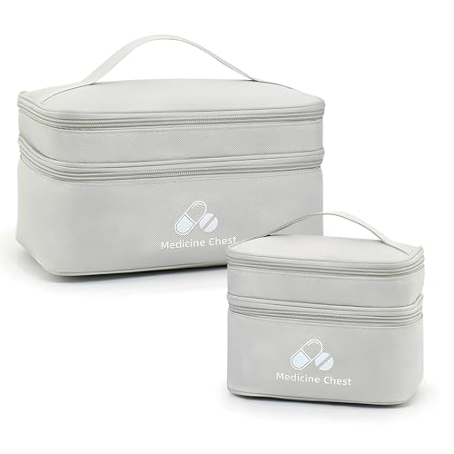 2 Stück Medikamententasche Reise und Zuhause Großkapazität Tasche Reiseapotheke Wasserdichte 2-Stöckig Erste Hilfe Tasche Leer Medikamenten Aufbewahrung Notfalltasche Leer für Büro Outdoor Grau