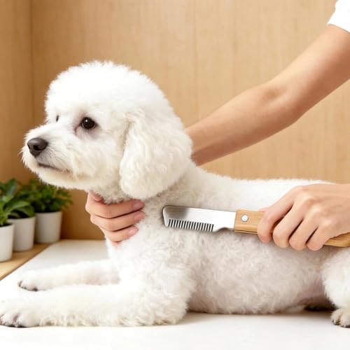 AJKQNMA Trimmmesser für Hunde mit Holzgriff Trimmkamm Feiner & Grober Kamm Trimm Messer Hundekamm aus gehärtetem und geschliffenem Edelstahl Haustierpflege Werkzeug für Haustier Pet Unterwolle