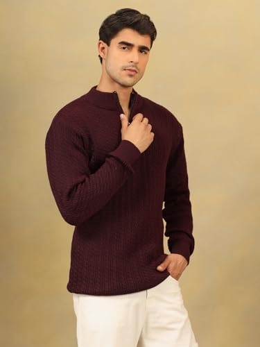 Image of Kvetoo Men's Full Sleeve High Neck Zipper Sweater| Warm Cable Knit Quarter Zip Pullover | Wool Winter Sweater for Casual & Office Wear