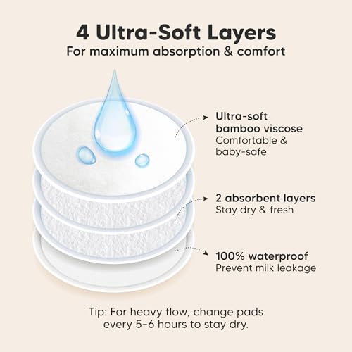Image of Organic Nursing Pads - 14 Washable Breast Pads for Breastfeeding, Wash Bag, Viscose Derived from Bamboo Reusable Nipple Covers for Breastfeeding Essentials, Soft & Absorbent (Soft White, M 4.6 inch)