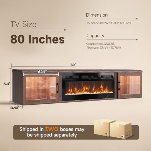 Image of 80 inch Floating TV Stand with Fireplace, High Gloss Finish Wall Mounted Fireplace Entertainment Center with Storage for TVs Up to 90 inch, Brown