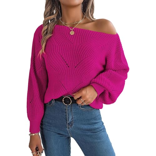 Women's Off The Shoulder Pullover Sweaters Long Lantern Sleeve Hollow Out Knitted Sweater Loose Fall Tops Daily Vacation Date
