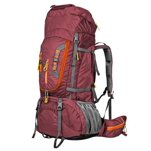 Mochila Cargueira 80L para Camping, Trilha e Viagem – Impermeável, Resistente e Ergonômica com Sistema de Ventilação, Alças Acolchoadas e Múltiplos Compartimentos (Vermelho)