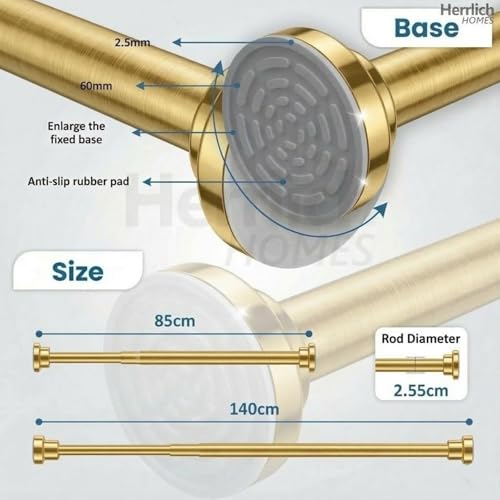 Image of Herrlich Homes (85 to 140 cm) Extendable Shower Curtain Tension Rod | Non-Drilling Anti-Skid Spring Pull Rod | Adjustable Size | With Rubber Pads | Stainless Steel | Gold | 1 Piece