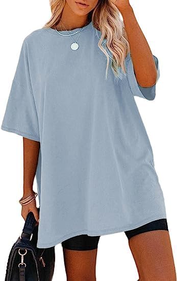 Remidoo Women's Oversized T Shirt Crewneck Solid Short Sleeve Baggy Cotton Tees