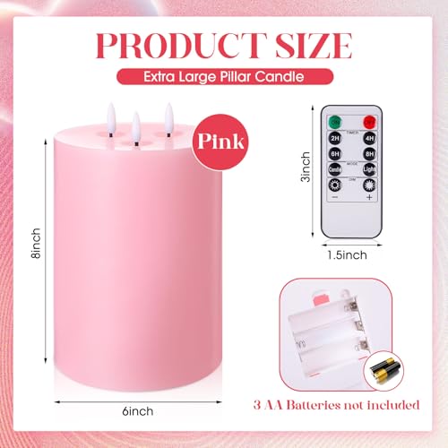 Image of Retisee 1 Pack Pink Extra Large Flameless Candles 6'' x 8'', Classic | LED Battery Operated, 3 Wicks Flickering Pillar Candle, Valentine's Day Wedding Party Decoration