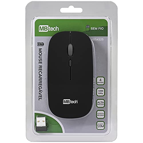 Mouse Óptico Sem Fio Recarregável - Silencioso Slim (Preto)