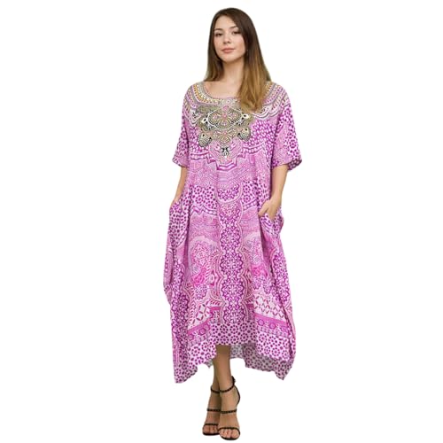 Image of Miss Lavish London Swimwear Cover ups Kaftan Dresses for Women Ethnic Print V Neck, Beach Coverups Plus Size, Side Slit & Pockets on Both Sides, Womens Beach Resort Wear-Purple-L