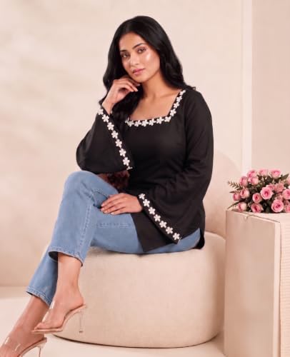 Image of MAHIRA'S Comfort Women's Short Kurti, Rayon Tunic Top with 3 /4 Embroidered Designer Sleeves | Soft Breathable Fabric | Office & Casual Kurti for Jeans, Leggings & Trousers