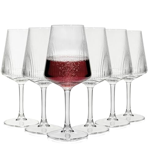 Ribbed Vintage Art Deco 6 PCS Elegant Ribbed Wine Glass Set, 15.8 Ounce Lead Free Crystal Ribbed Stemware Perfect for Red Wine White Wine and Champagne Flutes