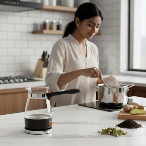 Image of Portable Electric Turkish Coffee Maker 0.5L, Borosilicate Glass Ibrik with 600W Rapid Heating, One-Touch Operation, Cool Touch Handle, Coffee Tea Milk Boiler with Measuring Scale
