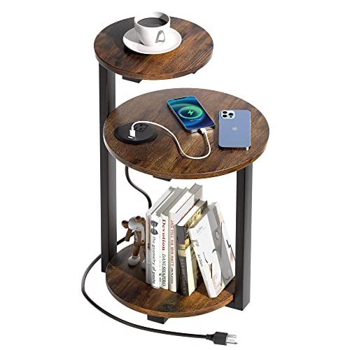 Herture Round End Table With Charging Station, Side Table With Usb Ports And Outlets, Nightstand Bedside Table With 3-Tier Shelves, Small Accent Table For Living Room Bedroom, Rustic Brown Ph01Bhn #TOP18