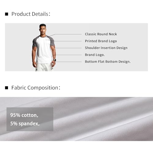 Image of Men Cotton Short Sleeve Gym Workout Athletic Tee,White & Dark Gray,XL