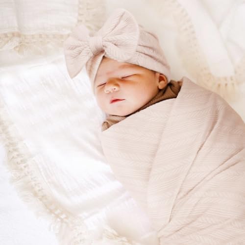 Image of AQOKKA Newborn Receiving Blanket with Bow Hat Mittens Wooden Card Set Wheat-Pattern Newborns Toddler Baby Boy Girl Nursery Swaddle Wrap