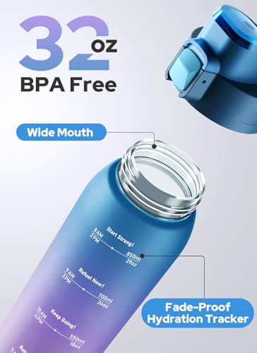 Image of Opard Zip 32oz Plastic Water Bottle Dishwasher Safe, Leakproof Flip-Top Lid, BPA Free Tritan, Wide Mouth Reusable Sports Water Bottle for Gym Hiking Commuting Outdoor Travel and School