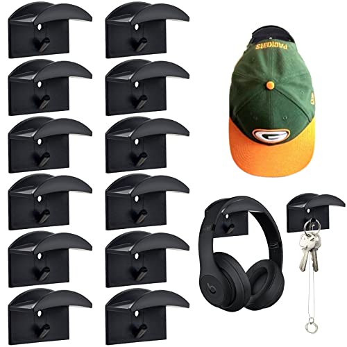 Pipihome Porte-Chapeaux de Baseball, 12 Pièces Adhésifs Crochets Muraux pour Chapeaux, Support pour Crochet de Casquette Porte-Chapeaux Organisateur pour Porte, Chambre, Entrée (Noir) Cover