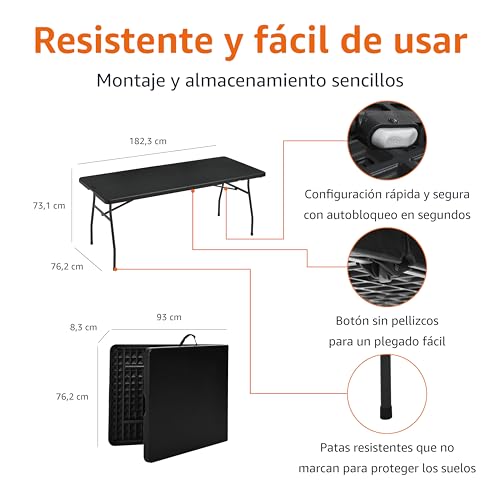 Infografía que describe las funcionalidades de la mesa plegable, incluyendo montaje rápido, botón antipellizco y patas antirrasguños