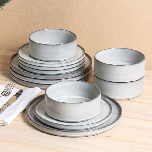 Image of Dinnerware Sets for 4, 12 pcs Reactive Glaze Plates and Bowls Sets, Gary | Large Size Modern Stoneware Dishes, Chip & Scratch Resistant, Dishwasher and Microwave Safe Tableware, Glossy