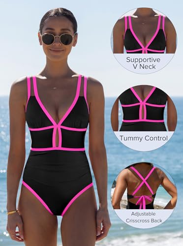 Image of popvil Women One Piece Swimsuit 2026 Tummy Control Sexy Cutout Neon Color Block Bathing Suit Slimming Adjustable Swimwear