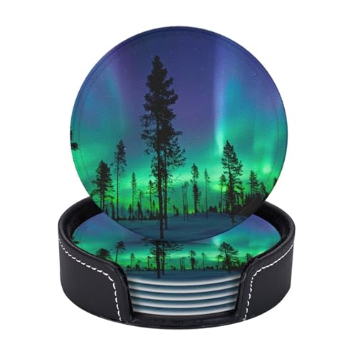 Lot de 6 sous-Verres en Cuir Laponie Finlande Aurora Borealis Protection de Table Dessous de Verre pour Tasse à thé avec Support