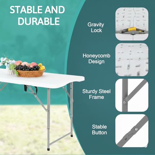 Image of 5Ft Folding Table, Portable Table for Home Office, Multipurpose Picnic Table with Carrying Handle,100kg Load Capacity Outdoor Camping & Study Desk (150x74x70cm,White)