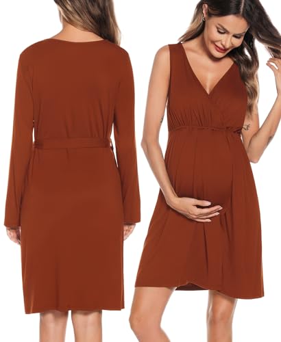 Image of SWOMOG Women Maternity Nursing Gown and Robe Set 3 in 1 Labor Delivery Nursing Nightgown for Breastfeeding Hospital Bathrobe