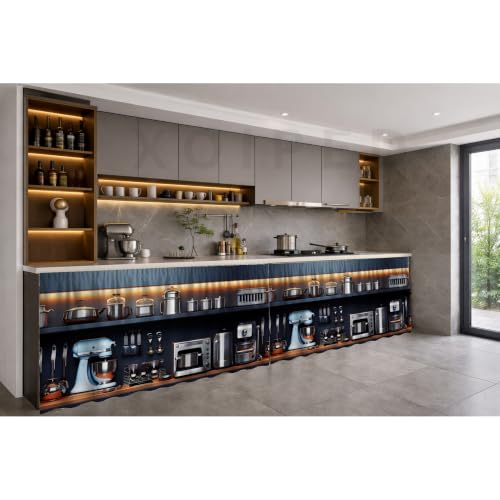 Image of Under Sink & Counter Curtain for Modular Kitchen - Printed Fabric Rod Pocket Hanging Skirt, Washable Under-Counter Cover, Pack of 2 Panels (Each Panel: 150 x 70 cm) (Grinder)