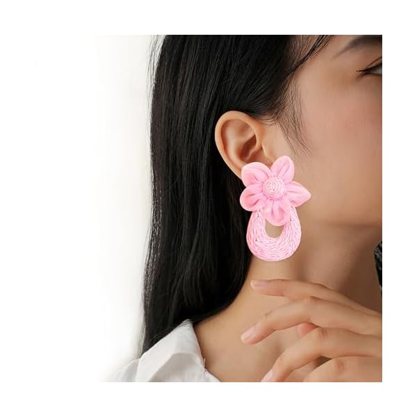 Stylish Ratten Straw Fabric Flower Earrings Bohemian Handmade Dangle Drop Earrings for Women Lightweight Summer Beach Party Jewelry - Image 4