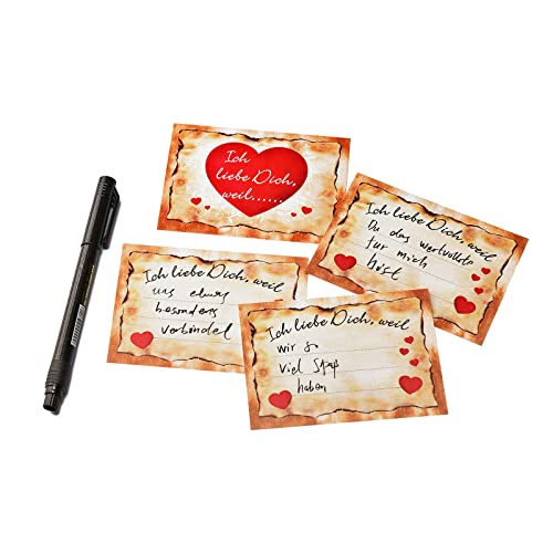 KOHMUI Adventskalender mit 24 Karten Ich Liebe Dich, Weil in 24 roten Umschlägen, Kärtchen mit 24 Zahlenaufkleber, Ein Natur Seil, 24 Holzklammern für Männer, Frauen, Paare