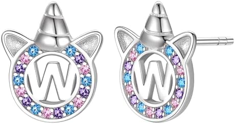 Unicorn Initial Earrings for Girls Women, 925 Sterling Silver Alphabet Stud, Ideal Initial Letter Stud Earrings Birthday Gifts for Girls Women