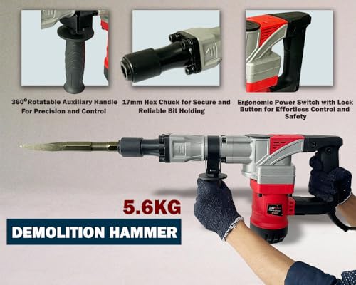 Image of Inditrust 7kg Electric Demolition Hammer, 1500W, 360 Rotating Handle, with Anti vibration control handle, 2900 RPM with 6 MONTHS WARRANTY