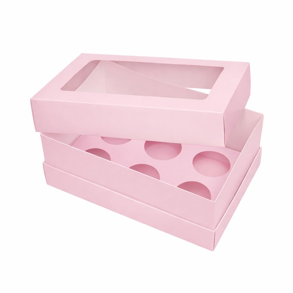 The Baked Studio - Pack of 5 - Extra Deep Pink Cupcake Boxes with Extension Piece – Holds Tall Cupcakes – Clear Window Lid – Sturdy Bakery Gift Box (6 Holes)