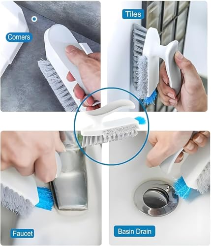 Image of UCRAVO White 4 in 1 Tile Brush,Floor Scrub with Squeegee, Cleaning Brushes with Comfort Handle, Floor Scrub Brush for Hardwood, Corners, Kitchen, Tile Joint, Bathroom, Sink, Window.