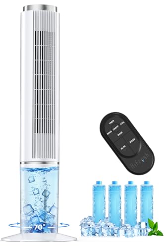 HIFRESH Personal Tower Fan w/Cooling Function, 107CM Portable Fan, Touch & Remote, 4 Modes & 3 Speeds, 26Ft Air Throw, 12H Timer, 4 Ice Packs, Auto Rotation, Low Power Consumption Tower Fan for Room