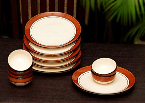 Image of Freakway Glossy browny Glossy Brown and White Ceramic Plates for Dinner with Katoris (12 Pieces, 6 Bowl & 6 Plates, Dishwasher & Microwave Safe) -Dinner Sets Ceramic Bowls Set Dinnerware Sets